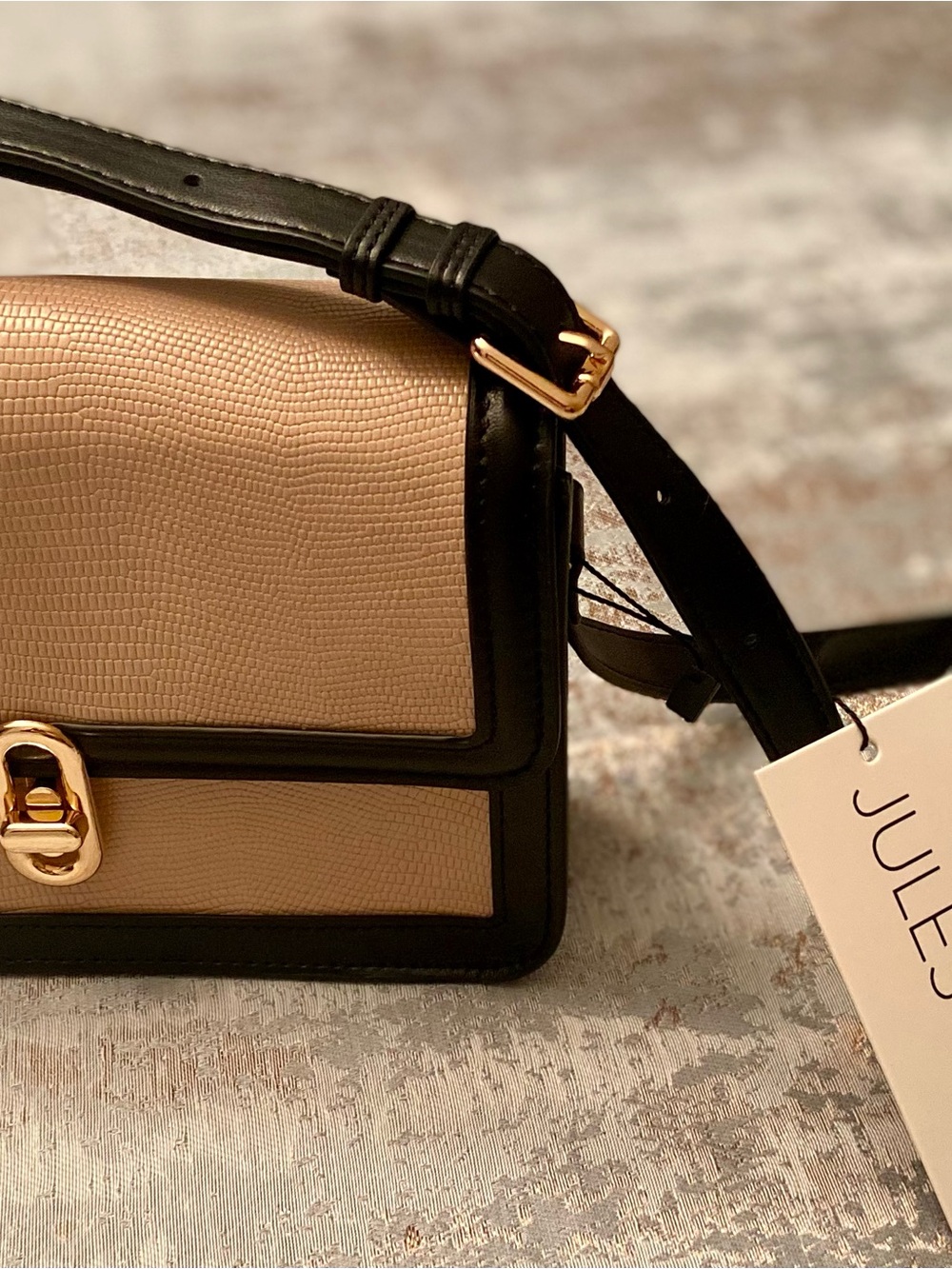 Jules Kae Beige and Black Vegan Textured Crossbody with Gold Hardware
